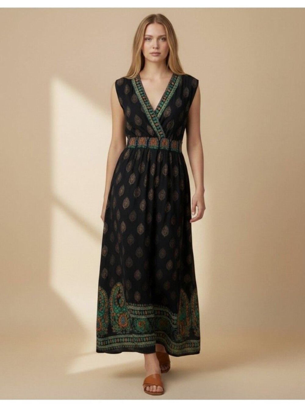 Lapogee Womens Maxi Dress M Bohemian Style Navy Multicolor Paisley Print Rayon